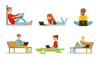 People Using Laptop Computers Set, Men and Women Working, Communicating and Spending Time Online Vector Illustration