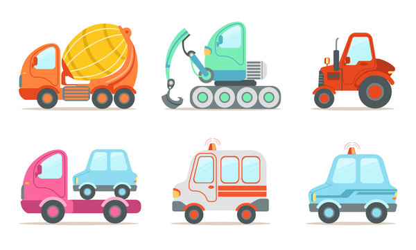 Cars and Construction Machinery Set, Tractor, Crawler, Cement Truck, Ambulance, Police Car Vector Illustration