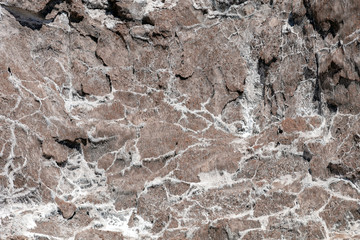 Salt crystals on the salty surface of desert close up. Natural background with copy space