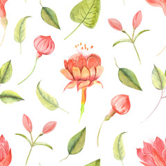 Seamless raster watercolor pattern with flowers fuchsia and leaves close up on a colored background.