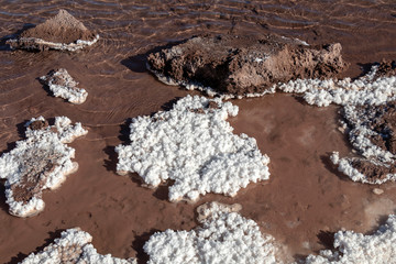 Salt crystals on the salty surface of desert close up. Natural background with copy space