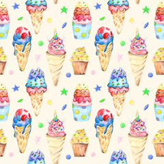 Illustration seamless pattern drawn by watercolor confectionery: cakes, muffins, macaroons on the background.