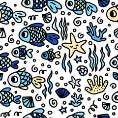 Cute yellow and blue fish. Kids line background. Seamless pattern. Can be used in textile industry, paper, background, scrapbooking