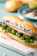Traditional dutch snack, seafood sandwich with herring, onions and pickled cucumber. Broodje haring. Close up.