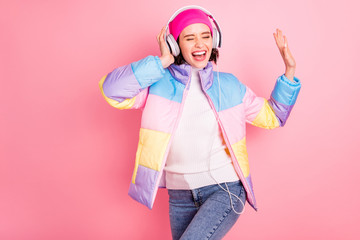 Portrait of her she nice attractive lovely cheerful cheery glad positive girl enjoying mp3 track...