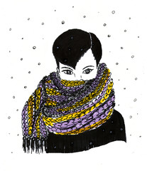 Illustration Girl in a striped scarf. Winter.