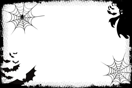grunge halloween background with bats and spider, ghost on white .
