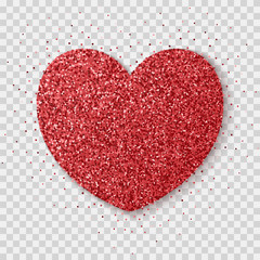 Red glitter heart isolated on a transparent background. Bright glowing festive sequins and sparkles. Realistic Valentine's Day vector illustration.