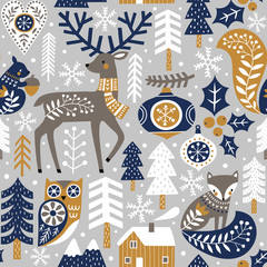 Seamless vector pattern with cute woodland animals, woods and snowflakes on light grey background. Scandinavian Christmas illustration. 