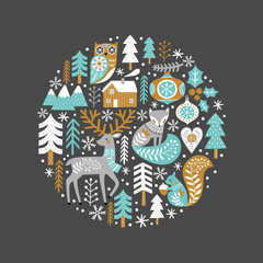 Scandinavian Christmas illustration with cute woodland animals, woods and snowflakes on dark grey background. Perfect for tee shirt logo, greeting card, poster, invitation or print design. 