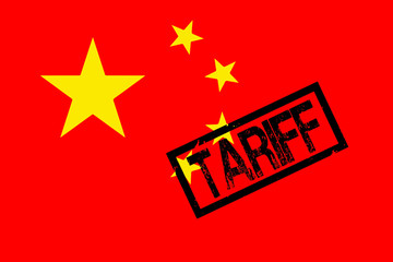 Trade war. Tariff black rubber stamp over Chinese flag. Tax, duty and customs are imposed on China 