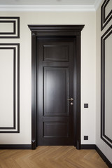 dark brown door with steel handle in classic interior