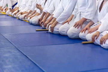 People in kimono and hakama on martial arts training