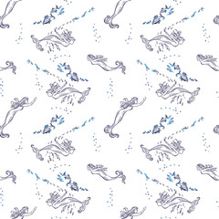 Seamless pattern. Mermaids swim between fishs