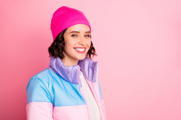 Closeup photo of nice lady wear warm colored coat isolated pink background