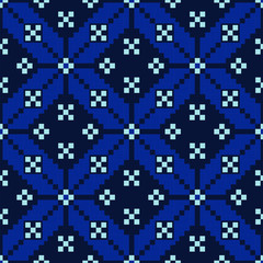Vector seamless pattern for sweater with blue elements on dark background. Perfect for greeting card, fabric, wallpaper, textile, gift box, web design.