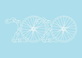 Hand drawn 2020 Bicycle Happy New Year vector card on pastel baby blue background