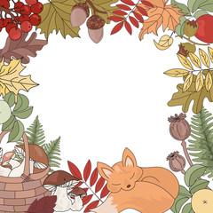 AUTUMN BORDER Forest Animal Fox Fall Season Nature Vector Illustration Set for Print Fabric and Design