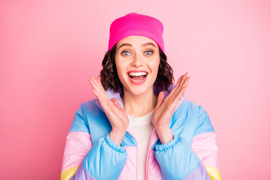 Closeup photo of overjoyed by amazing news lady wear warm colored coat isolated pink background