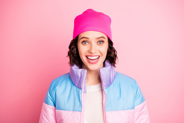 Closeup photo of nice lady wear warm colored coat isolated pink background