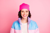Closeup photo of nice lady wear warm colored coat isolated pink background