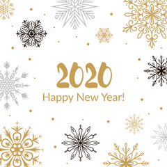 Square Merry Christmas and Happy New Year greeting card with beautiful golden and black snowflakes on white background. Christmas design for banners, posters, massages, announcements. Space for text