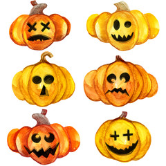 Watercolor illustration of carved pumpkin set with scary faces for Halloween trick and treat decoration