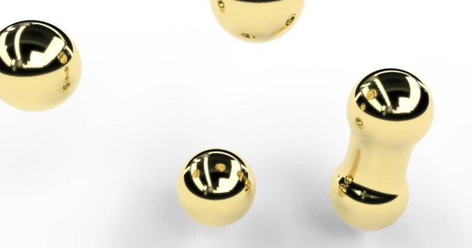 Golden substance deformation abstract 3d footage. Metallic molecules disconnecting realistic animation. Glossy fluid splitting into small balls on white background video. Shiny matter dissociation