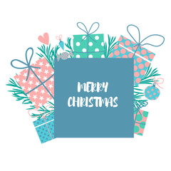 Gift Box, Christmas tree toy, brunch. Text place. Card design. Sale banner