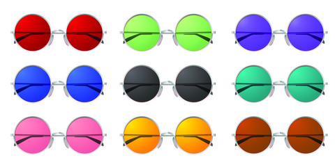 Eyeglasses collection shaded with different colors isolated on white.