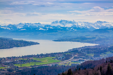 Panorama of Zurich city and lake from odservation tower on Uetliberg mountain