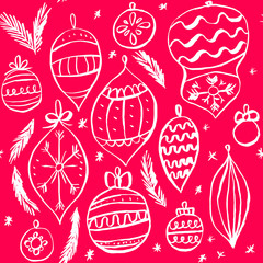 Vector Christmas seamless pattern with vintage toys. Repeated texture with retro christmas baubles. Vector print for fabrics, wrapping paper, textile design. Hand drawn ink print