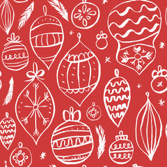 Vector Christmas seamless pattern with vintage toys. Repeated texture with retro christmas baubles. Vector print for fabrics, wrapping paper, textile design. Hand drawn ink print