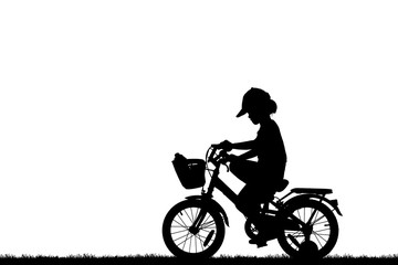 silhouette happy  child  ride bike on white background
