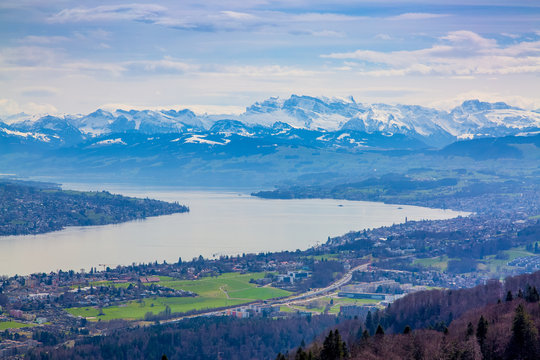 Panorama of Zurich city and lake from odservation tower on Uetliberg mountain