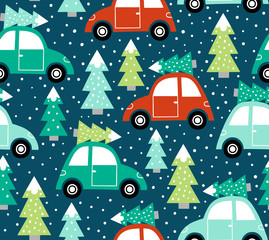 Hand drawn seamless vector pattern with cute cars and Christmas trees. Perfect for fabric or wrapping paper. 