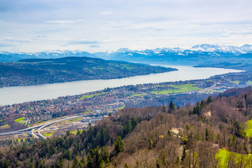 Panorama of Zurich city and lake from odservation tower on Uetliberg mountain