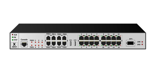 The service router for use in corporate communication networks has 16 Ethernet ports, 1 1000Base-X SFP port, 2 USB ports, 6 FXS ports, 2 FXO port. Vector illustration. - obrazy, fototapety, plakaty