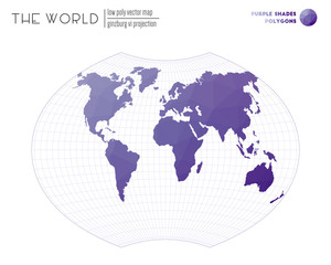 Low poly design of the world. Ginzburg VI projection of the world. Purple shades colored polygons. Trending vector illustration.