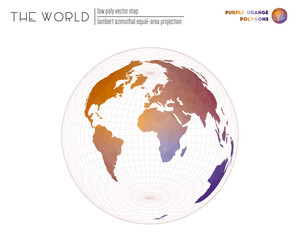 Polygonal world map. Lambert azimuthal equal-area projection of the world. Purple and orange colored polygons. Beautiful vector illustration.