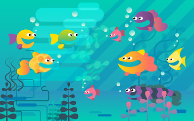 Underwater colorful seascape with tropical fish, flat vector illustration