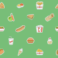 Fast Food background - Vector color seamless pattern of sandwich, burger, hot dog, meat and desserts for graphic design