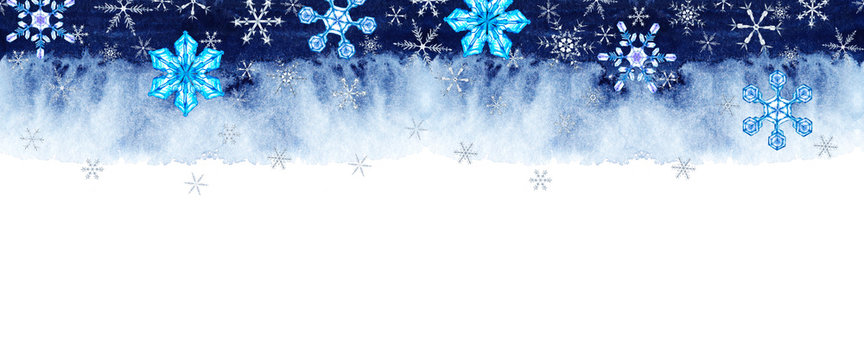 Seamless upper colorful border of snowflakes on the dark blue sky. Theme of winter snowfall in the night. Watercolor hand painted illustration isolated on white background.  Christmas eve time.