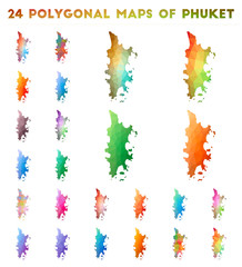 Set of vector polygonal maps of Phuket. Bright gradient map of island in low poly style. Multicolored Phuket map in geometric style for your infographics.