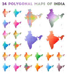 Set of vector polygonal maps of India. Bright gradient map of country in low poly style. Multicolored India map in geometric style for your infographics.