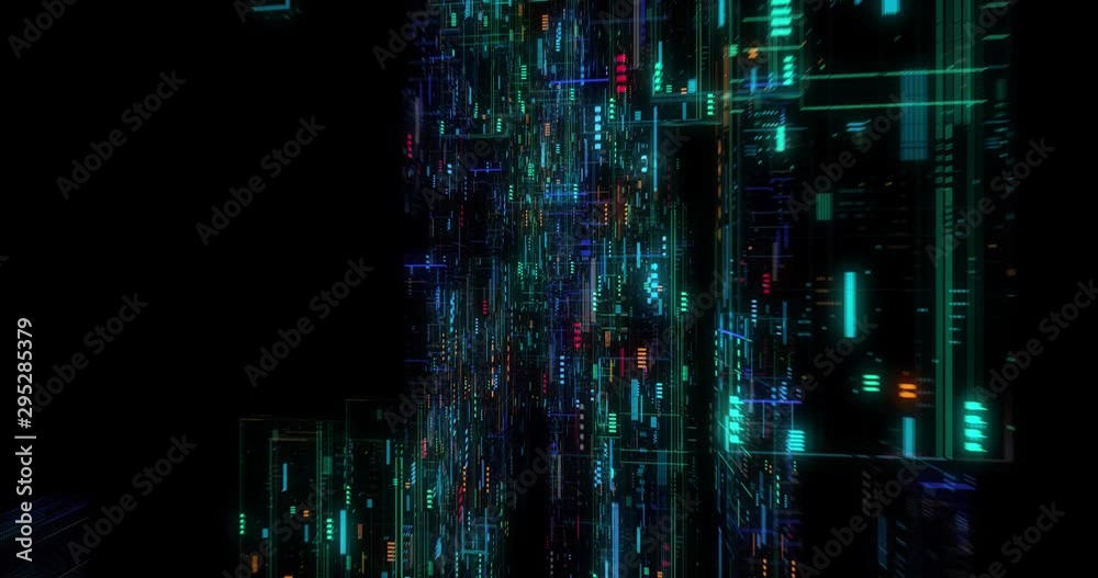 Poster seamless loop of abstract matrix hologram digital data flow. fly through time and space, warp throug