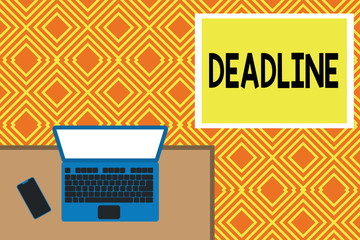 Conceptual hand writing showing Deadline. Concept meaning Period of time by which something must be finished or accomplished Office working place laptop lying wooden desk smartphone