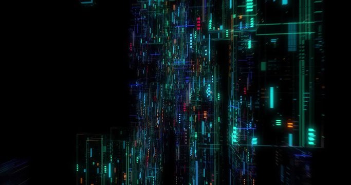 Seamless loop of abstract matrix hologram digital data flow. fly through time and space, warp through science fiction binary code particles network. Science and Technology concept. 3D render