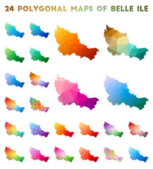 Set of vector polygonal maps of Belle Ile. Bright gradient map of island in low poly style. Multicolored Belle Ile map in geometric style for your infographics.