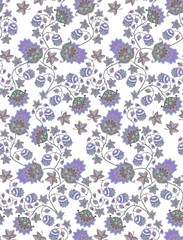 Seamless watercolor imitation pattern with fantasy flowers , berries, leaves and paisley on white background. Vintage style. Ethnic motifs. Print for fabric, tapestry, wrapping design.